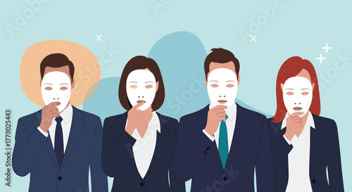 Professionals concealing their true selves behind masks, suggesting anonymity, conformity, or deep contemplation within the workplace.