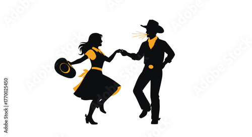 A lively silhouette of a cowboy and cowgirl happily country dancing together, expressing joy and traditional western culture.