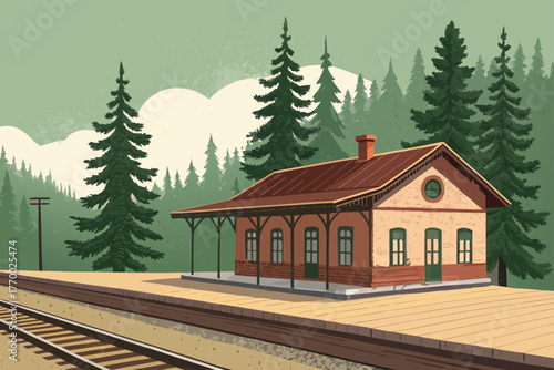 Small countryside station with wooden platform and a lone figure.