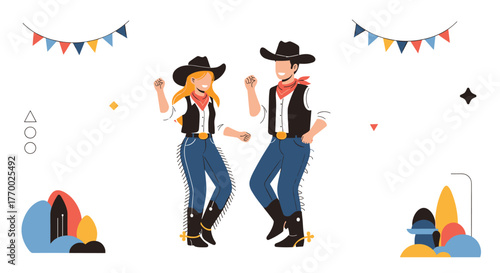 A lively cowboy and cowgirl couple are enthusiastically dancing at a festive country-western themed event, surrounded by colorful decorations.