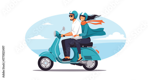 A happy couple enjoying a sunny day ride on a vintage-style blue scooter, with the woman's scarf playfully blowing in the breeze.