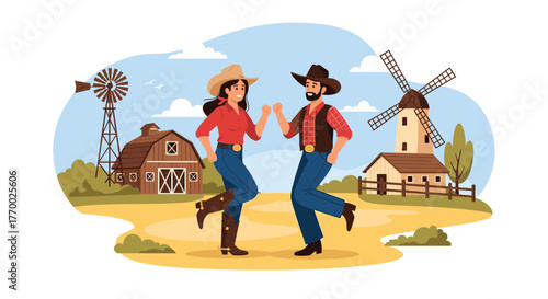 A joyful cowboy and cowgirl couple are enthusiastically dancing in western attire on a rustic farm with a barn and windmills under a clear sky.