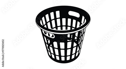 A black silhouette of a cylindrical wire mesh wastebasket with vertical slats and a reinforced rim