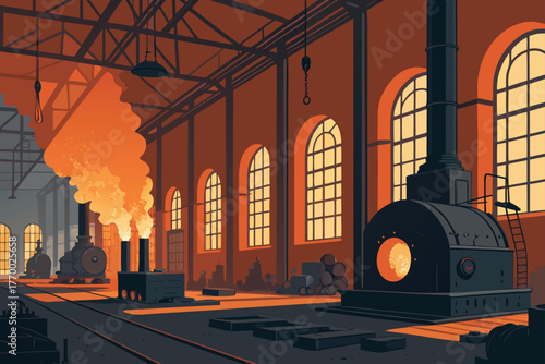 Steam engine workshop interior with glowing furnace.