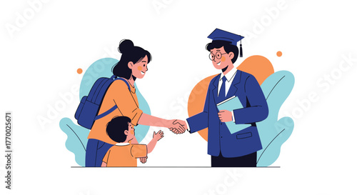 A smiling mother with a child shakes hands with a graduate or educator, symbolizing engagement in education or school enrollment.