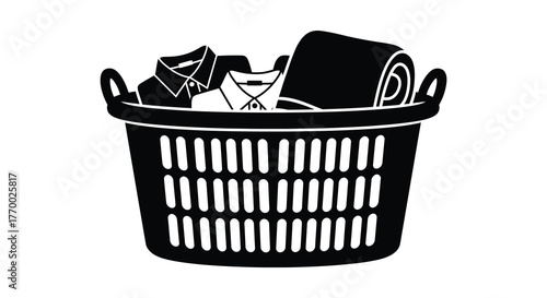 A black and white hand drawn silhouette of a laundry basket overflowing with folded clothes and a rolled towel
