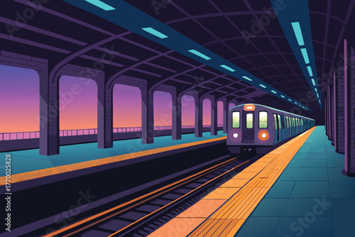 Subway platform, approaching metro train lights, urban transit.