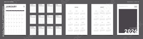 2026 Calendar Planner Set of Template Monthly Pages, Cover with Place for Photo, Company Logo, Annual 2026, 2027. Vector layout grid vertical of wall or desk organizer Week start Monday. Page A4 print