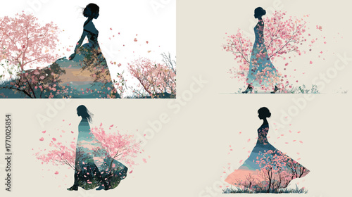 Beautiful silhouette woman illustration merged with cherry blossom and sunset landscape. Double exposure art combining elegance, femininity, and spring nature beauty.