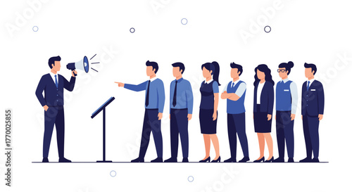A business leader uses a megaphone to communicate instructions to a diverse team of employees, emphasizing direction and collaboration in a corporate setting.