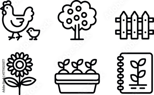 Set of six charming black and white line art icons for farm and garden concepts vector