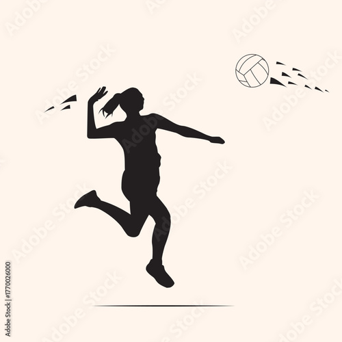 A striking silhouette illustration of a female volleyball player in the dynamic act of spiking the ball.