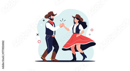 A joyful cowboy and cowgirl enthusiastically dance together, celebrating traditional country western culture in a vibrant flat design illustration.