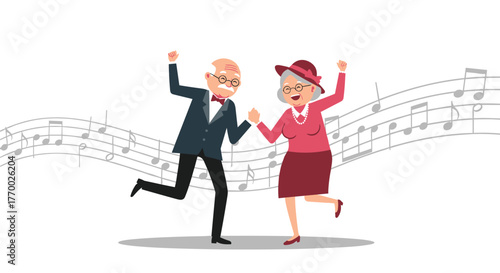 A cheerful elderly couple joyfully dances together, expressing happiness and active senior life against a backdrop of musical notes.