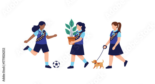 Three diverse girls in uniforms resembling scouts engage in activities such as playing soccer, carrying a plant, and walking a dog.