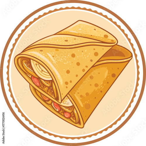 Cartoon flat style drawing fresh delicious crispy crepes restaurant logo emblem. Sweet snack shop logotype template concept for cafe, shop or food delivery service. Graphic design vector illustration