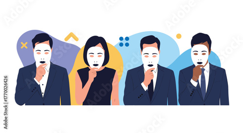 Four diverse professionals wearing white masks and contemplating, symbolizing hidden identities or conformity in the workplace.