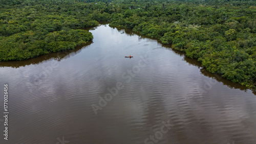 Drone image of the Nanay River in the Amazon rainforest of Iquitos, Peru  a blackwater (igapó) river surrounded by lush rainforest full of biodiversity.