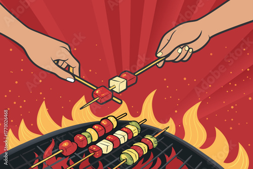 Close-up, hands expertly turning sizzling skewers laden with marinated food, dancing over intense grill flames, smoky aroma, outdoor cooking, summer evening, gourmet preparation, delicious char.
