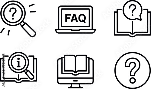 Set of six simple black and white line art icons representing information and questions vector