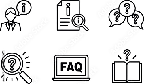 Set of six hand-drawn line art icons representing information questions and support concepts vector