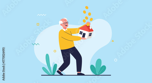 A cheerful elderly man is saving money by putting golden coins into a house-shaped piggy bank, representing retirement savings for a home.