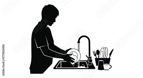 Man washing dishes in kitchen sink with running water and utensils in holder silhouette