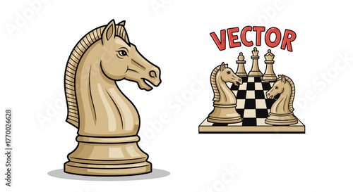 A detailed vector illustration of a beige chess knight, shown as a close-up and with other pieces on a chessboard.