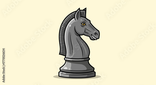 A detailed illustration of a grey chess knight piece with a stylized horse head on a plain background.