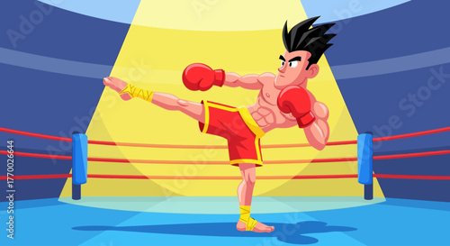 A cartoon male kickboxer with red gloves performs a high kick in a boxing ring under a spotlight.