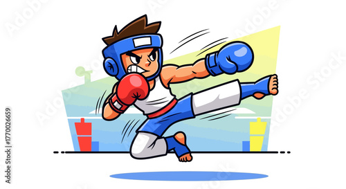 A dynamic cartoon boy in boxing gear executes a powerful flying kick and a punch in a ring.