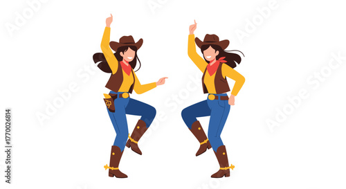 Two smiling cartoon cowgirls in western attire are joyfully dancing and celebrating, isolated on a white background.