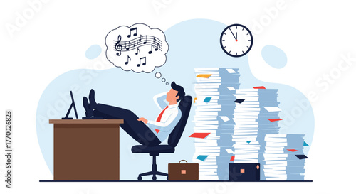 A businessman procrastinates at his office desk with his feet up, daydreaming about music while a large pile of paperwork looms.