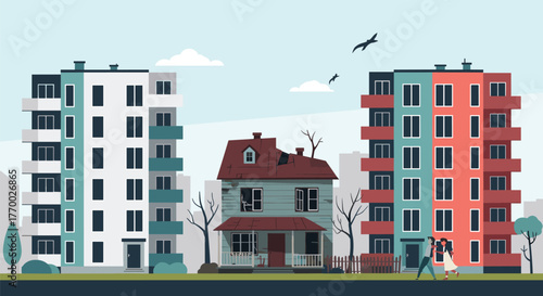 Cityscape contrasting a run-down old house with modern, multi-story apartment buildings, highlighting urban development and decline.