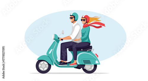 A happy couple enjoys a leisurely ride on a retro teal scooter, wearing helmets and sunglasses.