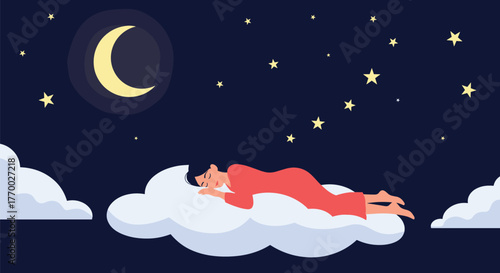 A serene illustration of a woman in red pajamas peacefully sleeping on a fluffy white cloud under a starry night sky with a crescent moon.