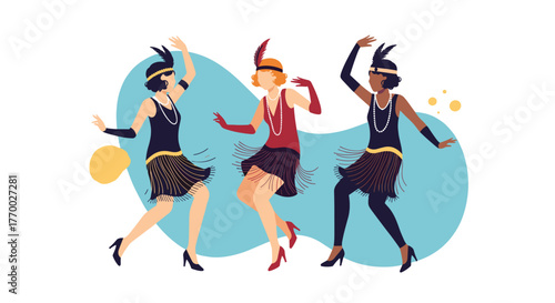 A vibrant illustration of three glamorous flapper women dancing, embodying the festive and free spirit of the 1920s.