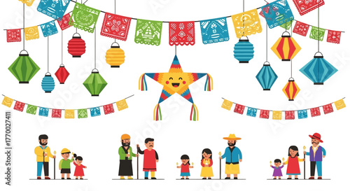 Festive scene with papel picado banners lanterns piñata  families holding candles