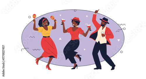 Three diverse friends, including two women and a man, joyfully dance with drinks and maracas at a lively party, depicted with abstract elements.