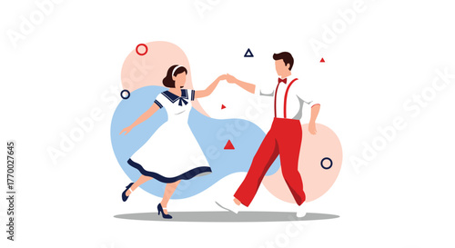 A cheerful retro couple performs an energetic swing dance, depicted in a stylish flat design illustration with abstract geometric elements.
