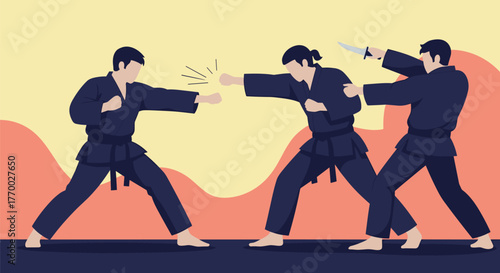 Three martial artists in traditional uniforms demonstrate self-defense techniques, including a punch and a knife attack scenario.