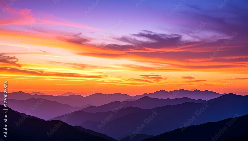 Fototapeta premium Vibrant Sunset Over Mountain Range Scenic Landscape with Orange Purple Hues.