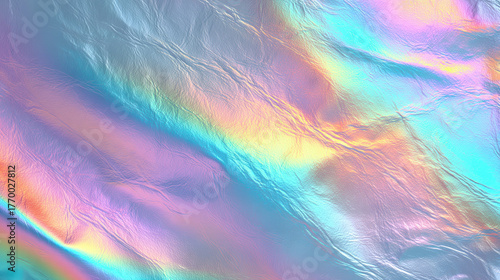 Holographic foil texture with soft iridescent sheen, pastel rainbow colors, abstract background