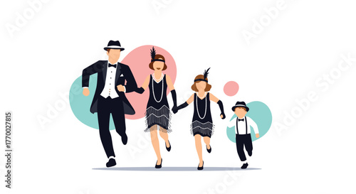 A joyful family of four, dressed in 1920s flapper and gangster fashion, runs energetically across a clean white background.