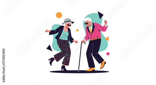 Vibrant senior couple enjoying a lively dance, celebrating life and showing that age is just a number.