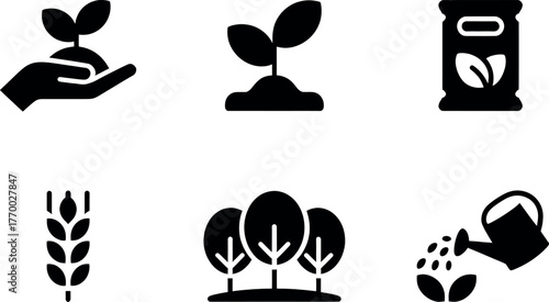 Set of six minimalist black and white icons representing growth agriculture and nature concepts vector