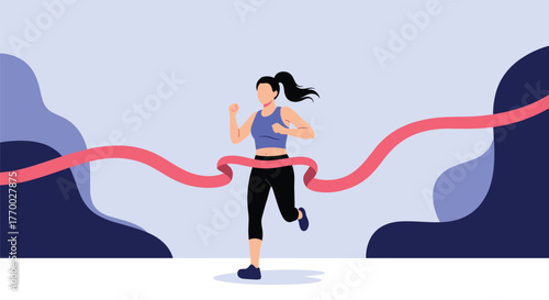 A determined female athlete crosses the finish line, symbolizing success, victory, and achievement in fitness and competition.