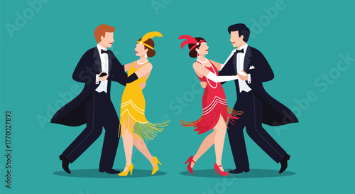 Two stylish couples in flapper dresses and tuxedos enjoying a vintage dance, evoking the elegance and fun of the roaring twenties.