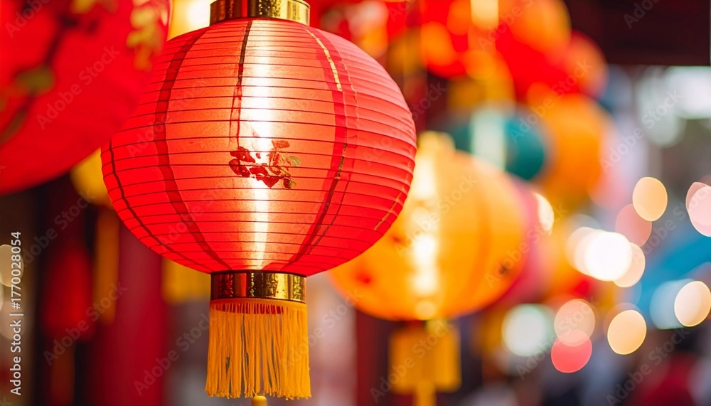 Naklejka premium Close-up of the traditional Chinese red lantern. Chinese New Year decoration for celebration.