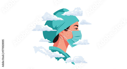 A compassionate female healthcare professional in teal scrubs and a surgical mask, looking steadfastly ahead, surrounded by clouds.